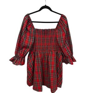 Audrey Parks Francescas Red Plaid Smocked Mini Dress Puff Sleeve Large Romantic